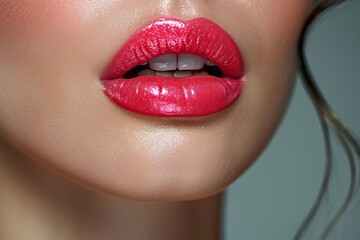 Obraz premium Macro shot of vibrant red glossy lips of a woman, highlighting makeup textures