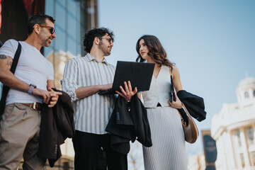 A diverse group of business colleagues engaged in a discussion while holding a laptop on a sunny...