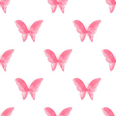 Seamless pattern of watercolor pink butterflies on a white background. Summer design, insects with wings, illustration for fabric, textiles, wallpaper, prints, scrap paper.