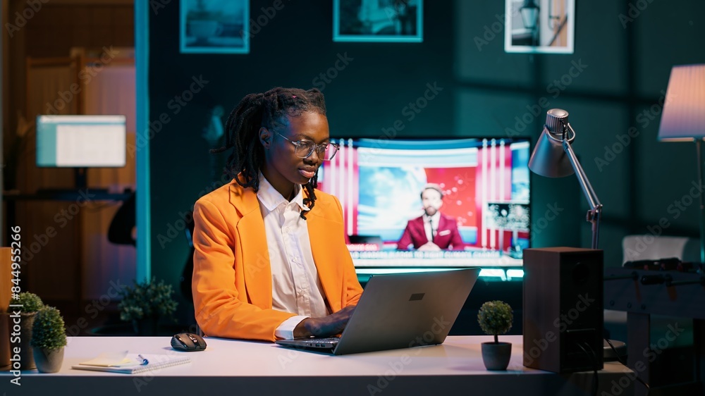 Poster young woman resolving her school homework and acquiring additional information, participating in onl