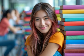 Smiling young woman in front of a tall stack of colorful books in a library
