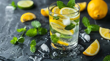 Soda water with lemon slices or citrus fruit and mint herbs infused sassi water