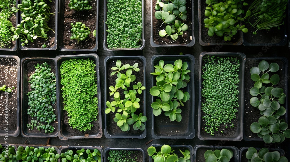 Leinwandbilder A top-down perspective of a microgreen farm, showcasing rows of trays filled with various types of microgreens. Generative AI