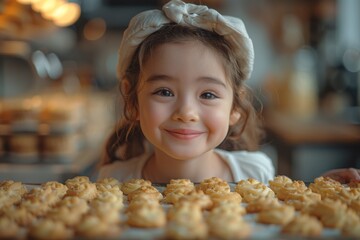 Smiling young girl wearing a baker's hat stands proudly in front of freshly baked cookies, displaying joy and accomplishment