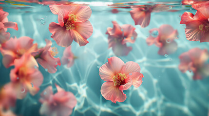 Natural background, flowers under water by water. Flowers floating under water and illuminated by sun rays