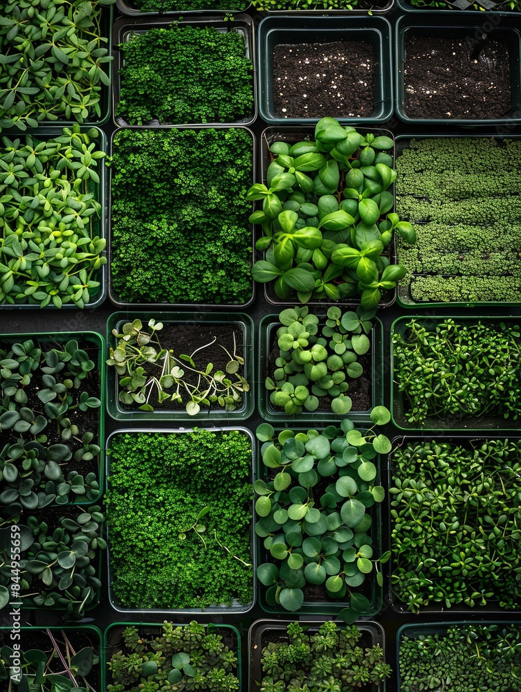 Aufkleber A top-down view of a microgreen farm with trays of various types of microgreens, showcasing the vibrant green hues and dense growth of these fresh, nutrient-packed sprouts. Generative AI