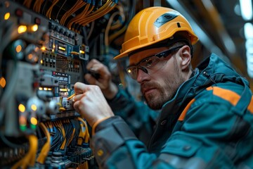 A professional electrician is busy working on a server rack with structured cabling in an industrial setting