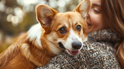 a cheerful corgi on his pet owner's back, both smiling and enjoying the day. The owner is casually dressed, looking at his corgi looking like annoyed because the corgi is too cute