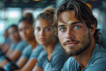 Obraz premium Intense portrait of a man with deep blue eyes among a group of blurred individuals