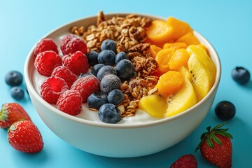 bowl of granola with yogurt and berries and fruits bright solid background
