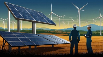 Illustration of renewable energy sources and engineers