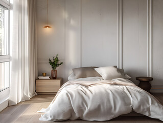 Aesthetic elegant minimalist bedroom interior design. Clear mock up empty wall for decoration in the apartment. Copy space in the room. Neutral palette of natural colors.