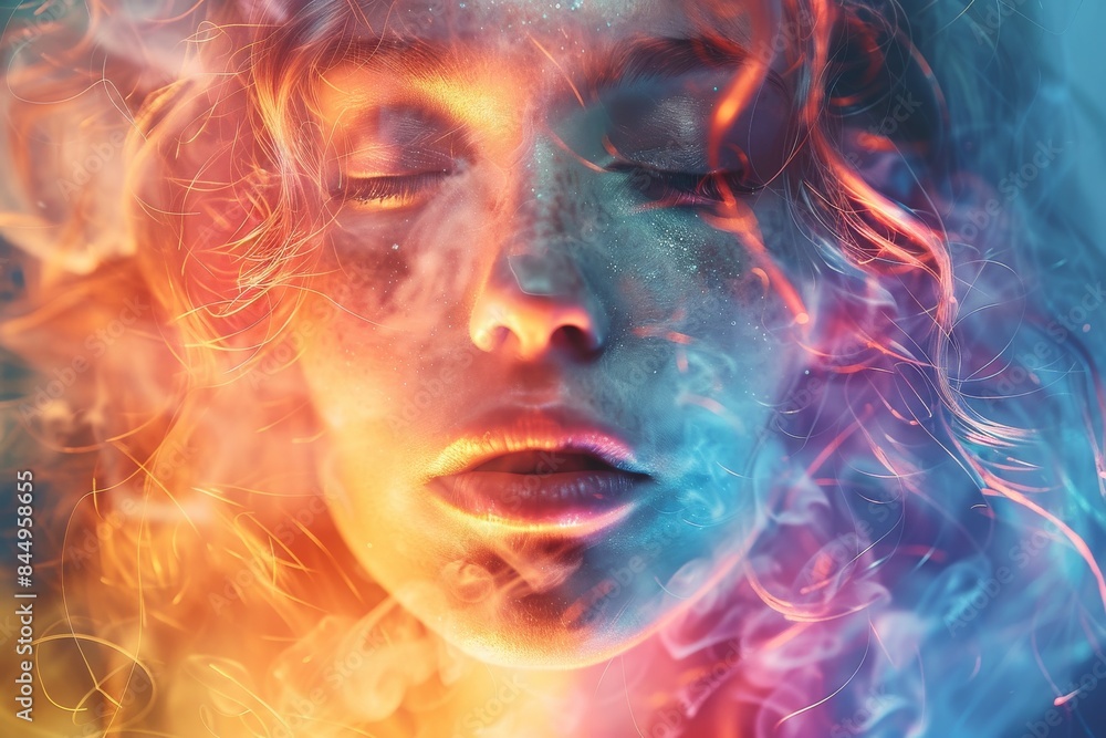 Poster an abstract image with vivid colors and smoke-like textures that resemble flowing organic patterns