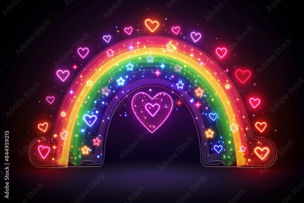 Poster neon rainbow arch with heart lights on dark background, creating a joyful and festive visual display