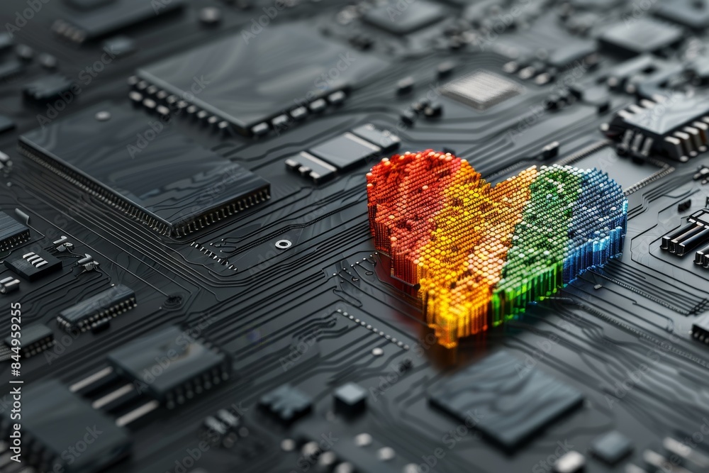 Poster rainbow heart made of computer components on dark background, emphasizing technology and love in mod