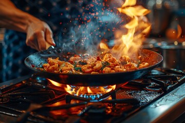 Close-up of a flaming wok with vegetables being tossed, showcasing culinary skills and action