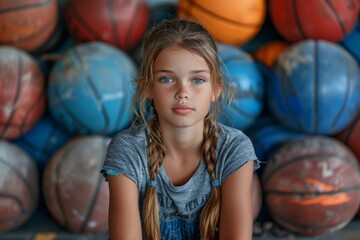 Thoughtful girl sitting with braided hair, in front of a colorful backdrop of various sports balls