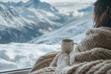 A person wrapped in a soft, fluffy blanket sitting by a large window with a scenic view of snow-covered mountains, enjoying a cup of tea.. AI generated.