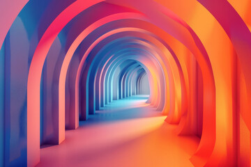 Abstract colorful background with a gradient of red, orange and blue colors. The interior is made in the form of an arched tunnel with concrete walls. Vector illustration