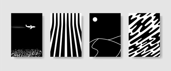 Abstract vector black and white posters with lines and spots. Set of simple colorless banners on gray background