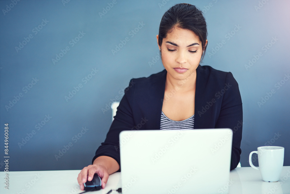 Poster laptop, copywriter and woman in working, reading on internet at office with serious for research. cr