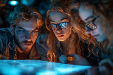 A scene depicting friends gathered around a table using modern technology, illuminated by vibrant lights