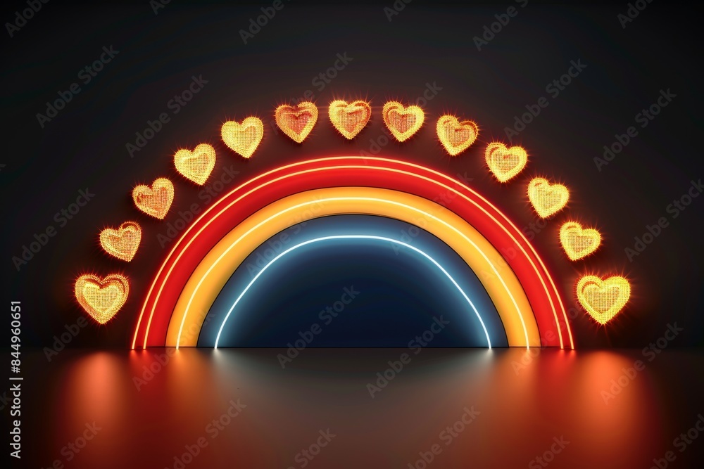 Poster neon rainbow arch with heart lights on dark background, creating a modern and festive visual display
