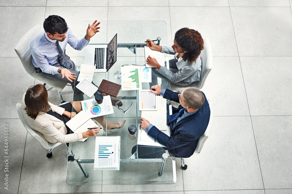Poster workshop, paperwork and business people in boardroom with laptop for planning, strategy and collabor