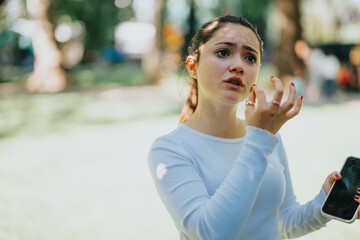 A young Caucasian woman looks distressed while talking on her mobile phone in a sunny park, expressing confusion and concern.