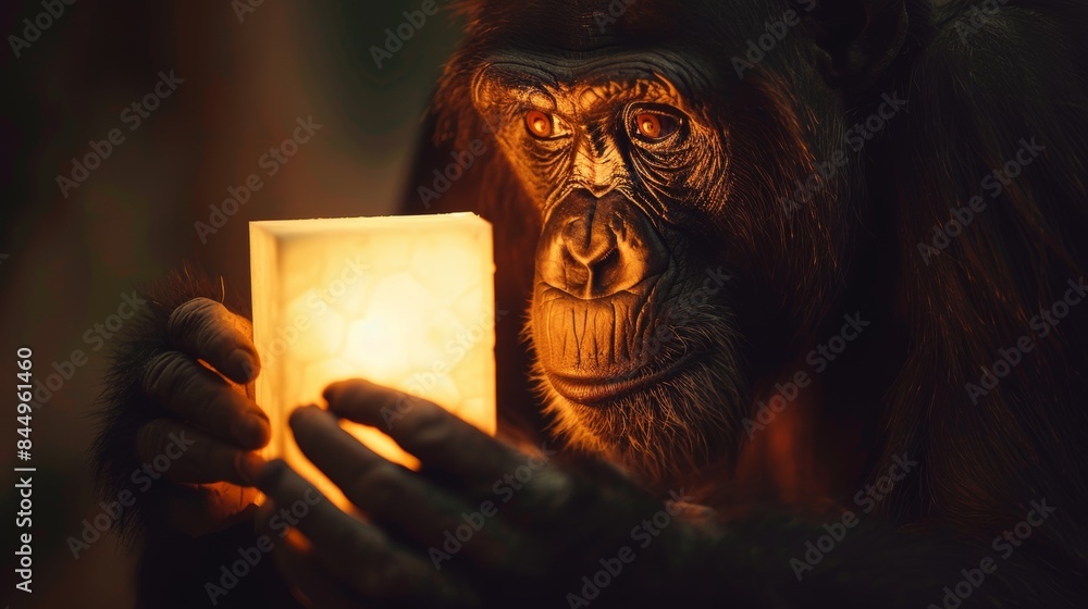 Sticker A chimpanzee holding a small light in its hand, AI