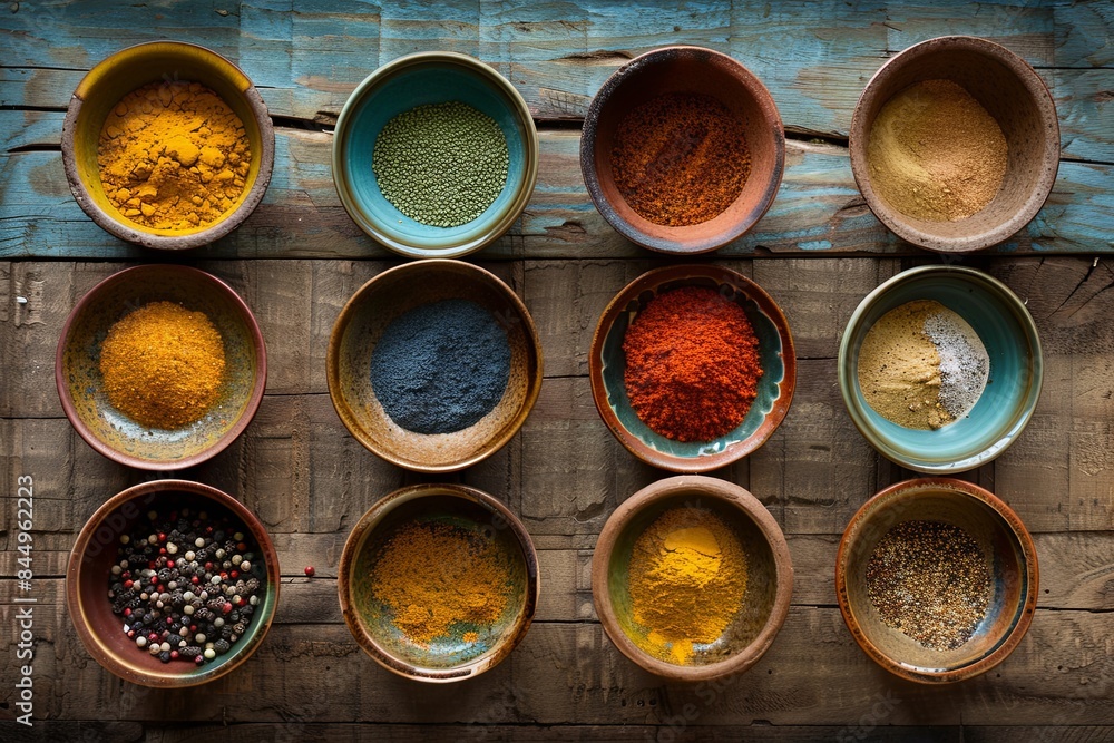 Poster An overhead shot of various spices in colorful ceramic bowls arranged on a rustic wooden surface. Generative AI