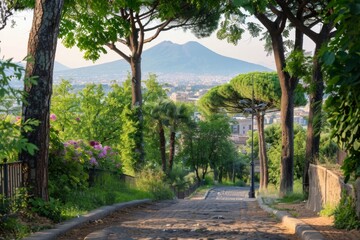 Obraz premium Pathway surrounded by nature facing a volcano - wilderness, discovery, sightseeing