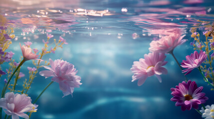 Natural background, flowers under water by water. Flowers floating under water and illuminated by sun rays