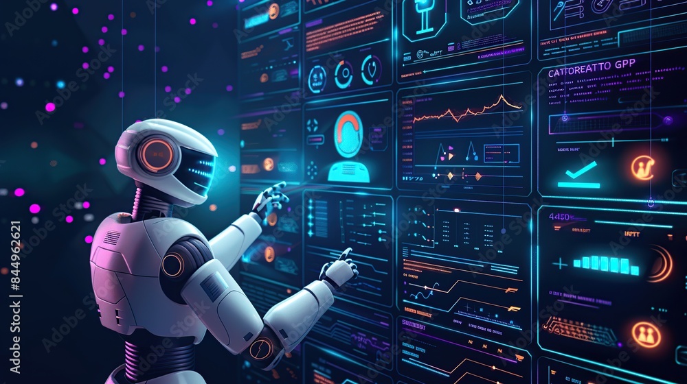 Poster futuristic robot interacting with digital interface. generative ai