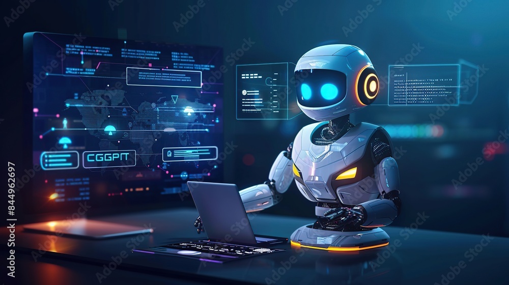 Poster futuristic robot working on a laptop with data displayed. generative ai