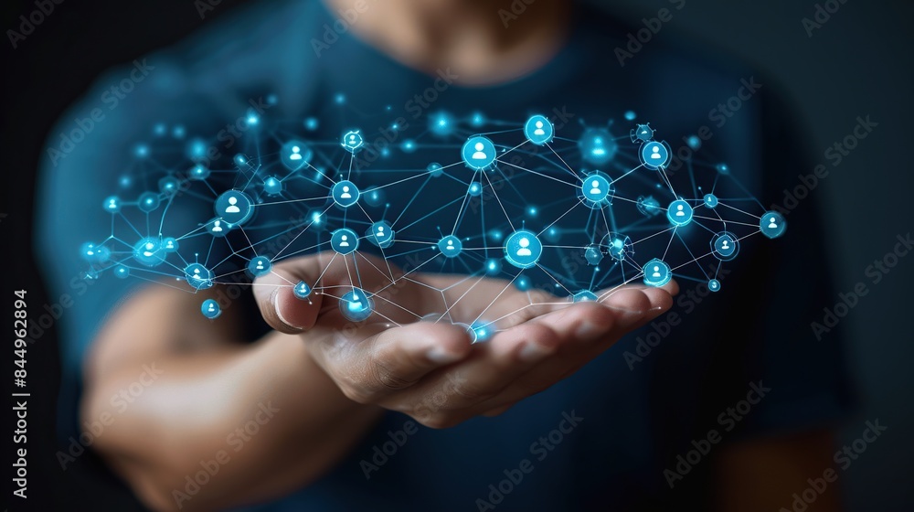 Poster digital network connection in hand. generative ai