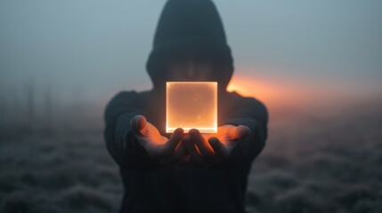 A person holding a small square box in the fog, AI