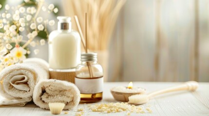 Body care products for spa with massage tools and copy space