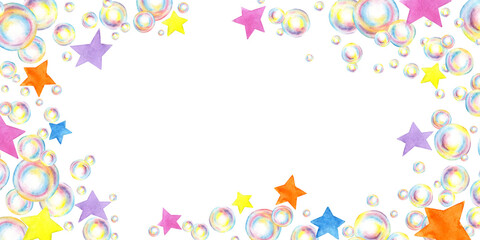 Watercolor illustration rectangular frame banner with soap bubbles and colorful stars. Symbol of summer fun, swimming, carnival, bubble party. Compositions for posters, cards, banners, flyers, covers.