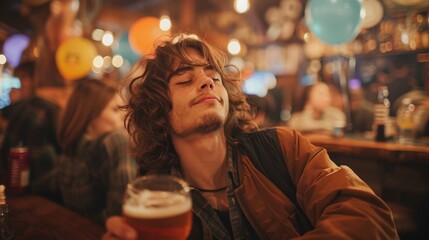 A man with long hair holding a beer in his hand, AI