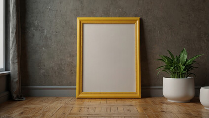 Empty poster frame on living room wall, white space for photo or text