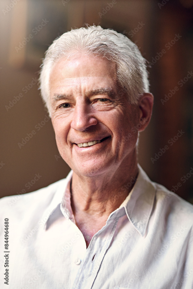 Canvas Prints Senior man, home and happy in portrait for retirement or pension to relax, break and chill. Elderly person, smile and confident or proud and satisfied with positivity as pensioner, cheerful and joy