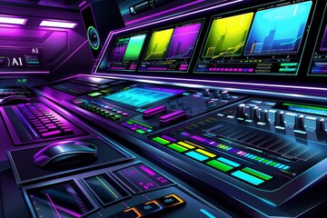 Fototapeta premium High tech control room with neon lights and digital interfaces, representing AI and technological advancements in a futuristic setting
