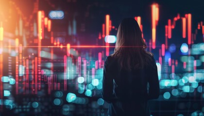 Empowered Businesswoman Embracing Technological Advancements with Energy Grid and Financial Data Overlay