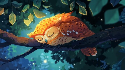 Adorable animated owl sleeping peacefully on a tree branch at night, surrounded by lush green leaves and a glowing forest ambiance.