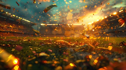 the euphoria of a soccer championship win in a vibrant stadium arena at dusk, with tinsel, confetti, and a golden yellow toning adding to the celebratory atmosphere. Realistic HD