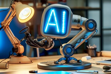 Obraz premium AI robotic arm with a glowing cube in a laboratory, symbolizing artificial intelligence, robotics, and technological advancements