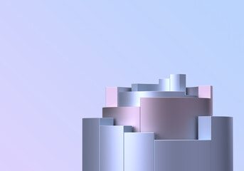 An abstract figure of metal cylinders rising up. Blue, lilac, rose color. 3d rendering on the topic of business, work, analytics, dashboards, presentations and diagram. Modern, minimal style.