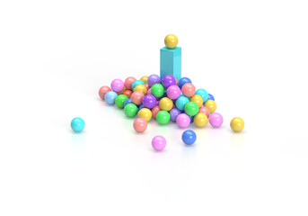 Multicolored geometric shapes, balls near a rectangular cube. 3d render on the theme of a holiday, birthday, entertainment, sweets, bright colors, good mood. Minimal style. Transparent background.