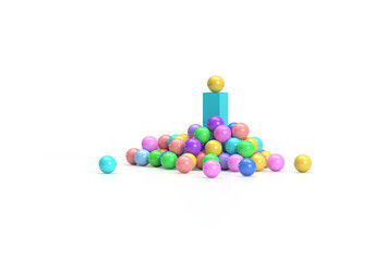 Multicolored geometric shapes, balls near a rectangular cube. 3d render on the theme of a holiday, birthday, entertainment, sweets, bright colors, good mood. Minimal style. Transparent background.
